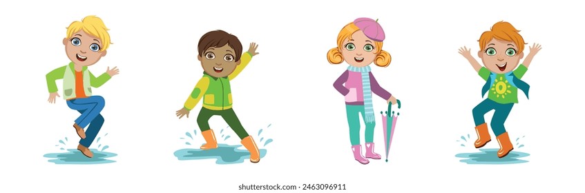 Cute Kids in Autumn at Rainy Day in Coat with Umbrella Vector Set