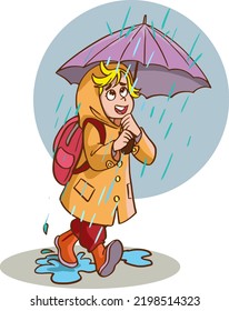 cute kids autumn vector illustration.girl walking with umbrella in the rain.