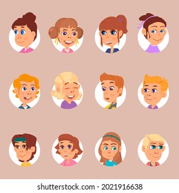 Cute kids avatars. School child faces, portraits of cartoon kindergarten student children. Laughing characters in rounds decent vector set