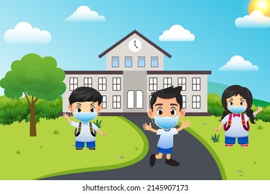 Los niños pequeños vuelven al diseño escolar usando un vector de máscara facial médica.