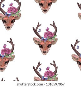 cute kids background with deer heads, butterflies and pink flowers, romantic seamless pattern