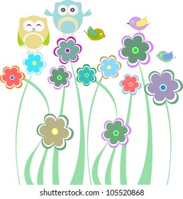 Cute kids background with flowers and birds