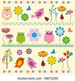 Cute kids background with flowers and birds
