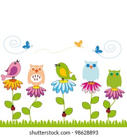 Cute kids background with flowers and birds