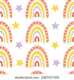 Cute kids background with rainbow and star. Seamless pattern with pastel colors.