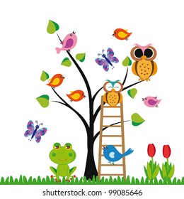 Cute Kids Background With Trees And Birds