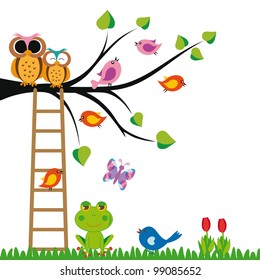 Cute Kids Background With Trees And Birds