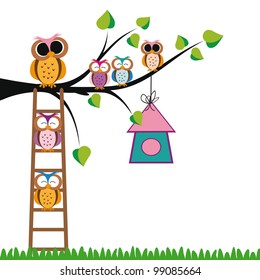 Cute kids background with trees and owls