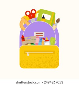 Cute Kids Backpack with school supplies. Vector Illustration in cartoon flat style