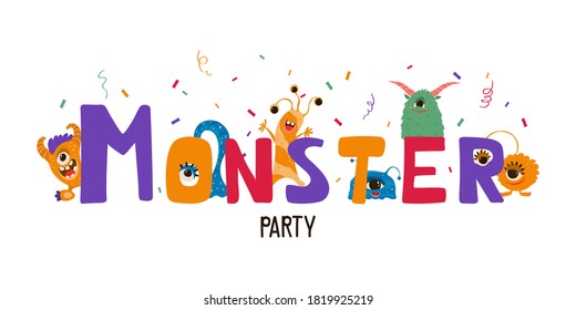 Cute kids banner with monsters in cartoon style. Party invitation template with funny characters. Greeting card for a holiday, birthday. Vector illustration