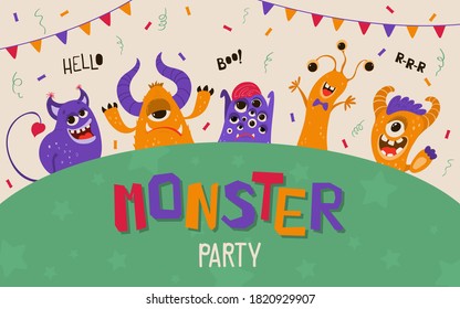 Cute kids banner with monsters in cartoon style. Party invitation template with funny characters. Greeting card for a holiday, birthday. Vector illustration