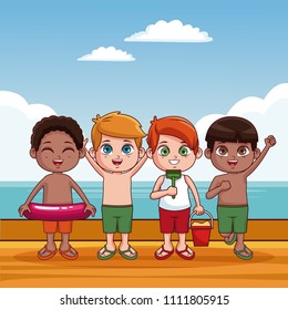 Cute kids at beach cartoon