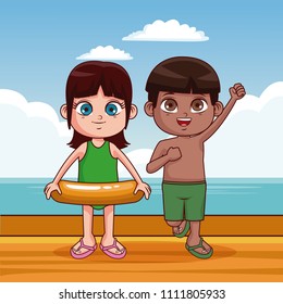 Cute kids at beach cartoon