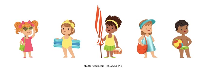 Cute Kids at Beach and Seaside Have Summer Vacation Vector Set