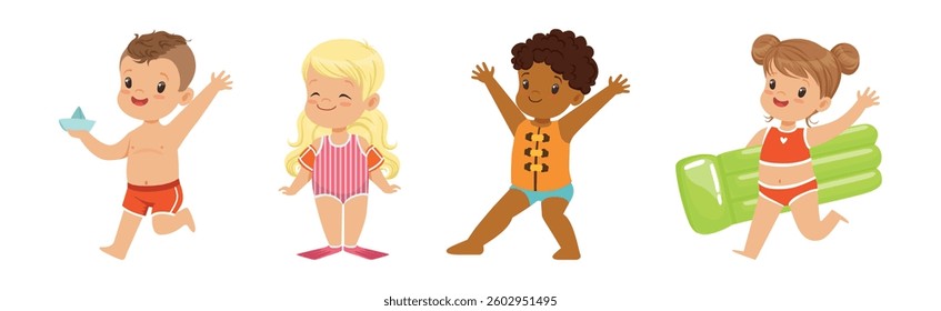 Cute Kids at Beach and Seaside Have Summer Vacation Vector Set