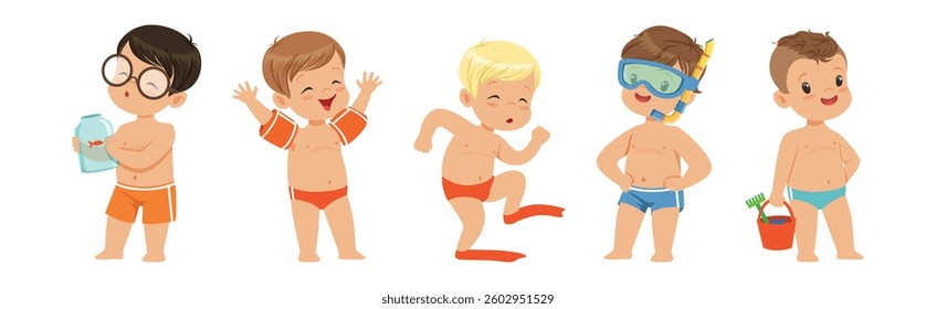 Cute Kids at Beach and Seaside Have Summer Vacation Vector Set