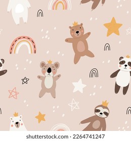 Cute kids bear seamless pattern. Cartoon bears characters like panda, koala, grizzly, polar, sloth. Scandinavian flat style, baby design for cards, posters, t-shirt print.