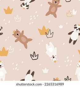 Cute kids bear seamless pattern. Cartoon bears characters like panda, koala, grizzly, polar, sloth. Scandinavian flat style, baby design for cards, posters, t-shirt print.