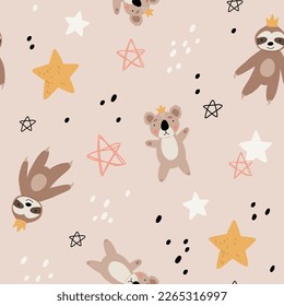 Cute kids bear seamless pattern. Cartoon bears characters like panda, koala, grizzly, polar, sloth. Scandinavian flat style, baby design for cards, posters, t-shirt print.