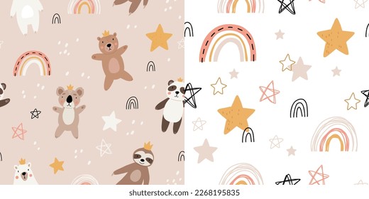 Cute kids bear seamless pattern. Cartoon bears characters like panda, koala, grizzly, polar, sloth. Scandinavian flat style, baby design for cards, posters, t-shirt print.