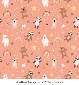 Cute kids bear seamless pattern. Cartoon bears characters like panda, koala, grizzly, polar, sloth. Scandinavian flat style, baby design for cards, posters, t-shirt print.