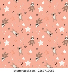 Cute kids bear seamless pattern. Cartoon bears characters like panda, koala, grizzly, polar, sloth. Scandinavian flat style, baby design for cards, posters, t-shirt print.