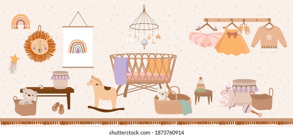 Cute kids bedroom interior in bohemian cartoon style. Dressing room, playroom, bedroom with cradle. Editable vector illustration.