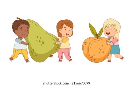Cute kids with big fruit set. Girls and boy holding pear and apricot cartoon vector illustration