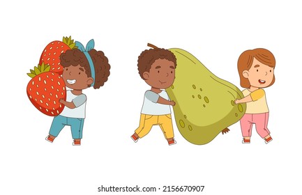 Cute kids with big fruit set. Girls and boy holding pear and strawberry cartoon vector illustration