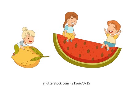 Cute kids with big fruit set. Girls and boy having fun with lemon and watermelon cartoon vector illustration