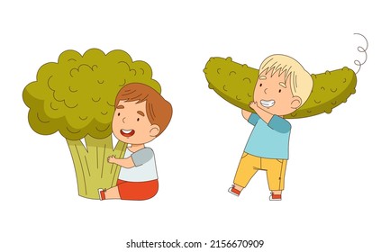 Cute kids with big vegetables set. Boys holding broccoli and cucumber cartoon vector illustration