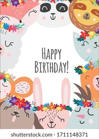 Cute kids birthday card and banner template in scandinavian simple style with cartoon animals, flat vector illustration. Greeting postcard for children holiday.