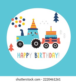 Cute kids birthday card with tractor, cake, trailer, trees, balloons on blue background