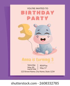 Cute kids birthday invitation with funny hippo. Vector funny children's card