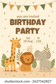 Cute kids birthday invitations with giraffe, lion and elephant, presents and bunting. Bright vector design in a gentle warm palette in a zoo theme. Perfect for holidays, events and kids parties