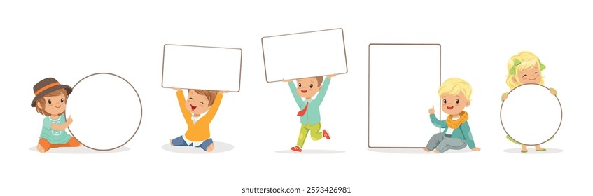 Cute Kids with Blank Paper Banner and Plaque Vector Set