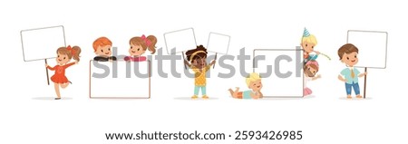 Cute Kids with Blank Paper Banner and Plaque Vector Set