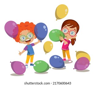 Cute Kids Blowing Balloons And Playing With Balloons