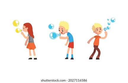 Cute Kids Blowing Soap Bubbles Through Wand Set Cartoon Vector Illustration