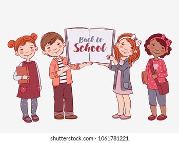 Cute kids with book. Back to school vector concept. Happy boys and girls with white banner

