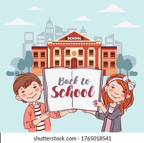 Cute kids with book. Back to school vector concept. Happy boy and girl