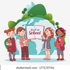 Cute kids with a book. Back to school vector concept. Happy boys and girls 