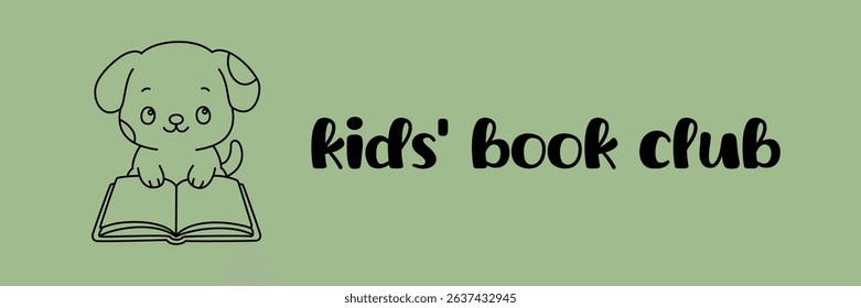 Cute kids' book club vector with reading puppy and bold hand-drawn lettering. Black and white illustration for children's reading programs, school posters, or digital stickers.
