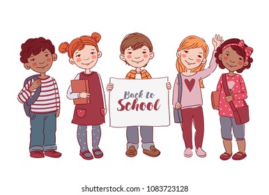 Cute kids with books. Back to school vector concept. Happy boys and girls with white banner