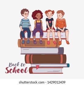 Cute kids with books. Back to school vector concept 