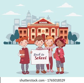 Cute kids with books. Back to school vector concept. Happy boys and girls with white banner