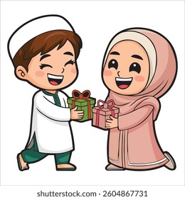 Cute kids bought a gift for their friendcute boy giving a gift to his friend. happy eid mubarak