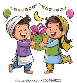 Cute kids bought a gift for their friendcute boy giving a gift to his friend. happy eid mubarak