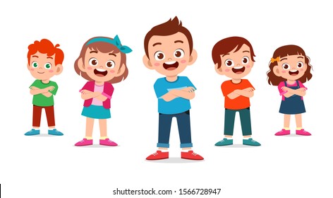 cute kids boy and girl crossed arms set vector