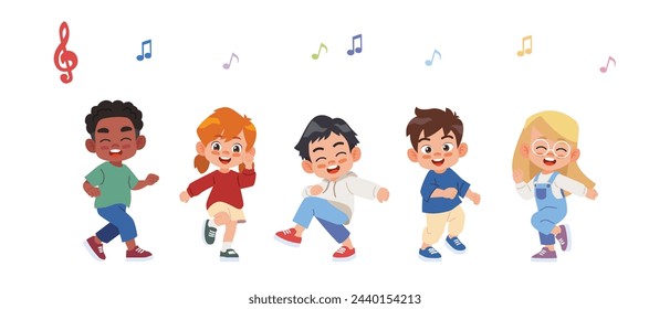 Cute Kids boy and girl dancing together happily.Vector illustrations Isolated on white background